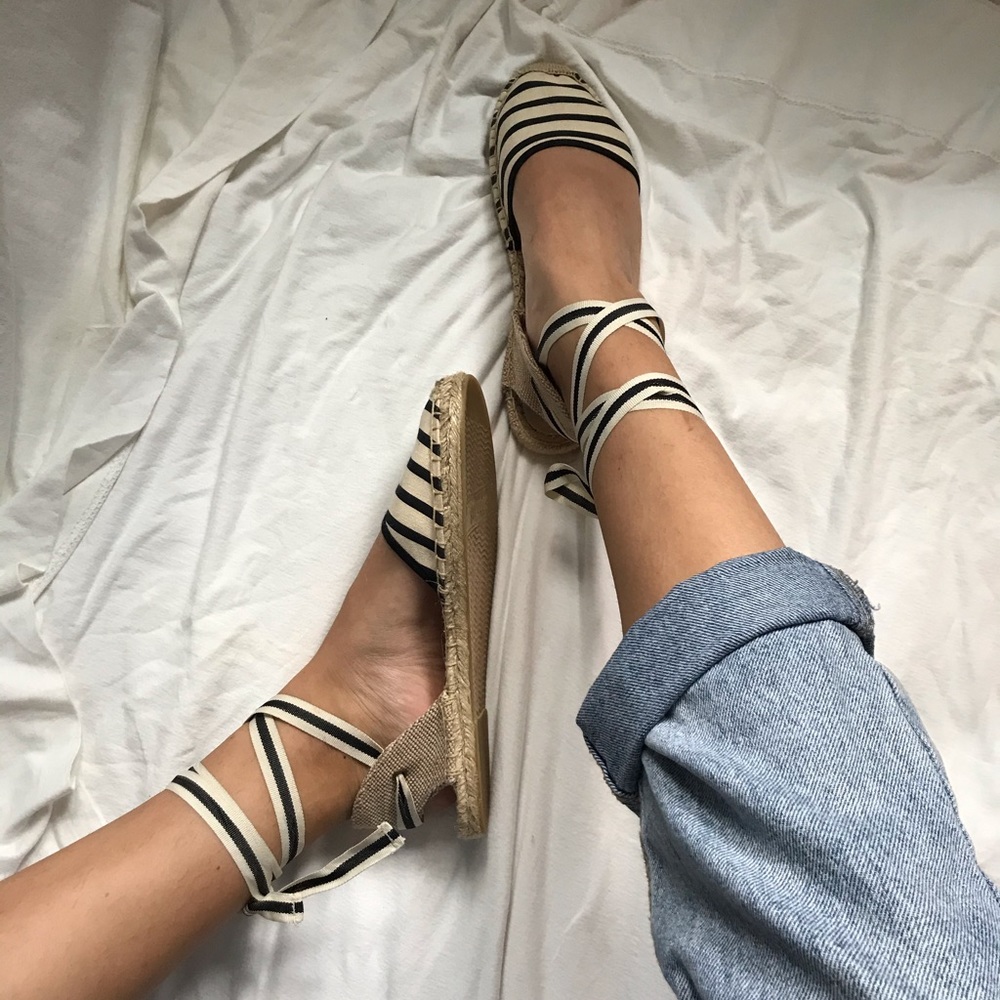 Soludos Black and White Striped Tie Up Sandals